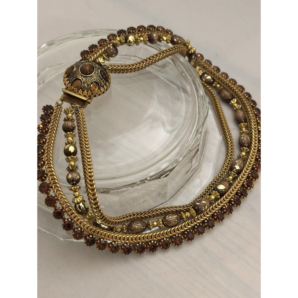 Vintage HOBE Brown rhinestone Mesh Collar NECKLACE w/Gripoix Glass Clasp